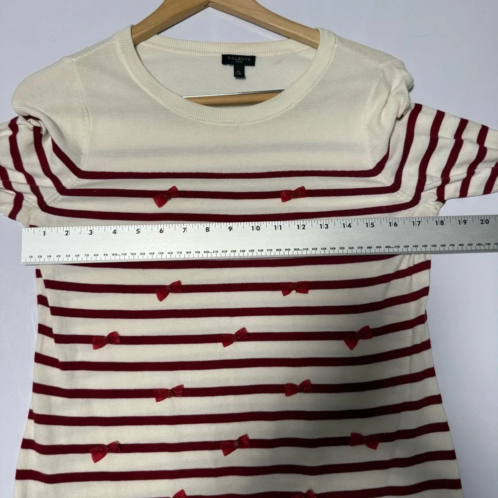 Talbots‎ Women’s Sweater Size MP Ivory Red Stripe Bow Embellished Tunic Pullover